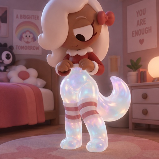 Ginger from Dandys world in her room noticing that her body is starting to turn into opalite but she isn’t scared because her legs and hips and waist and the top of her Christmas socks are already turned into opalite with her also noticing that she has a opalite tail a clear sign that she’s turning into a Opalite werewolf 