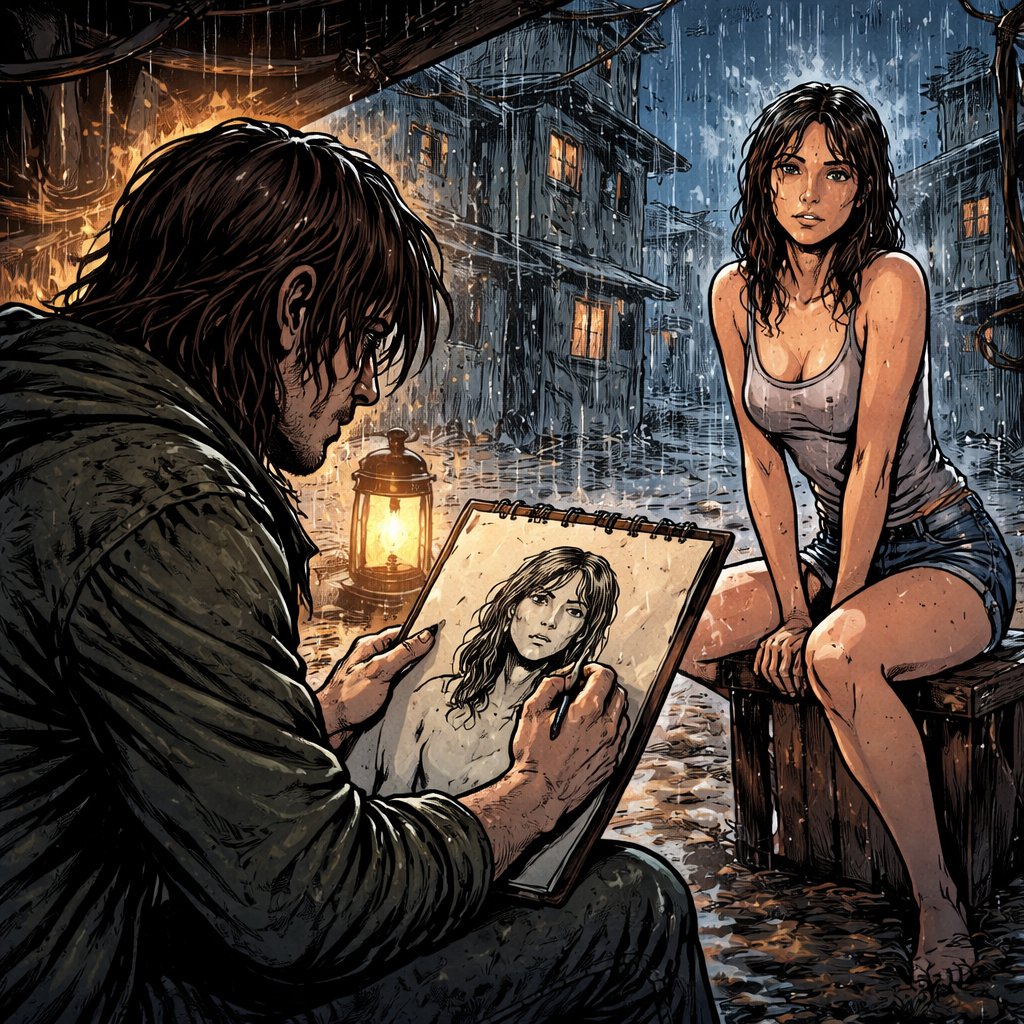 No speech bubbles no caricature a poor artist in a row with long brown hair is drawing a portrait of another person. They’re in a slum. It is night and raining.