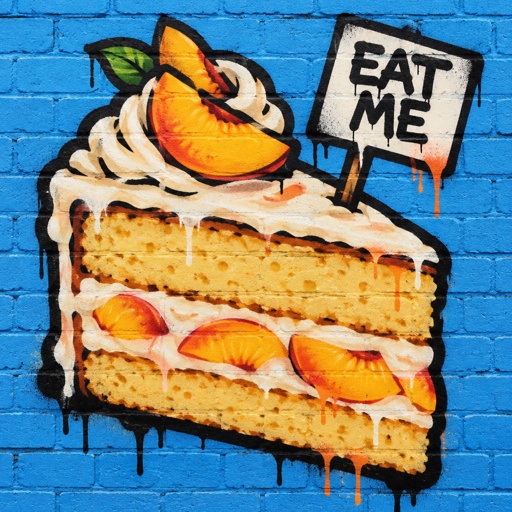 Slice of vanilla peach cake with a sign that says eat me 