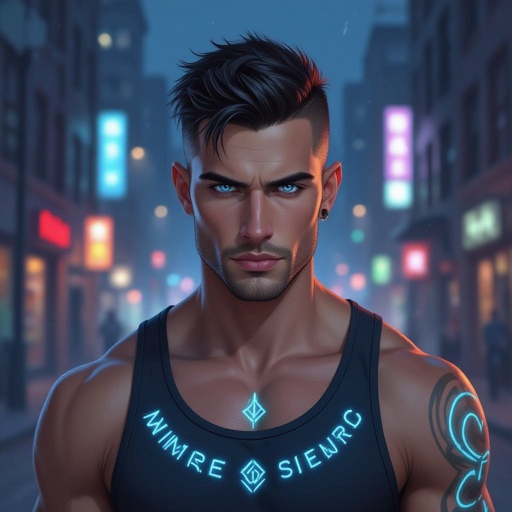 Mężczyzna. Wysoki o muskularnej budowie. Obcięty na jeżyka ciemne włosy. wygolone boki na zero. Włosy ulizane na bok. Delikatny zarost.  Orli nos. Pyzata twarz. Wąskie usta i jasne niebieskie oczy. Sportowiec. Ubrany w koszulkę bez rękawów zasłaniającą brzuch