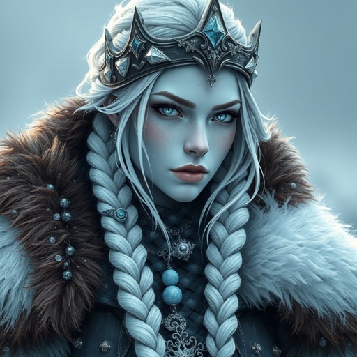 Create a character head to toe showing the whole character, meaning legs feet body face everything: A tall, battle-hardened woman with pale, icy-blue skin. Her long silver hair flows in braids tipped with frozen beads. She wears heavy, fur-lined armor made from the hides of snow beasts. Her eyes glow faint blue. A frost-shaped crown rests lightly on her head.