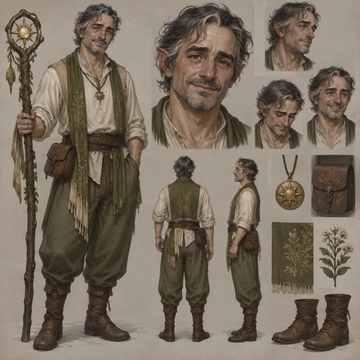 Character design sheet of a middle aged fae holy man, mid 50s, subtle pointed ears, salt and pepper hair, slightly messy, stubble, straight nose, heavy brow, deep laugh lines, warm tired eyes, kind crooked smile, rumpled loose, linen, cream quarter length shirt and loose warm green pants. Lived-in face, expressive not glamorous, neutral background
