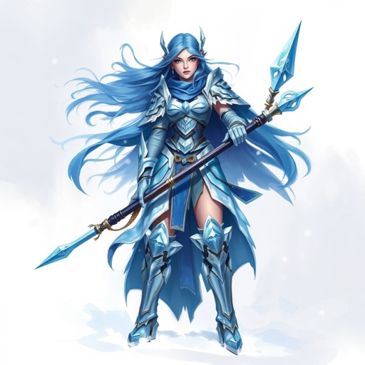 Create a battle woman hero called Alvara the Frostheart. Show full body head to toe including shoes