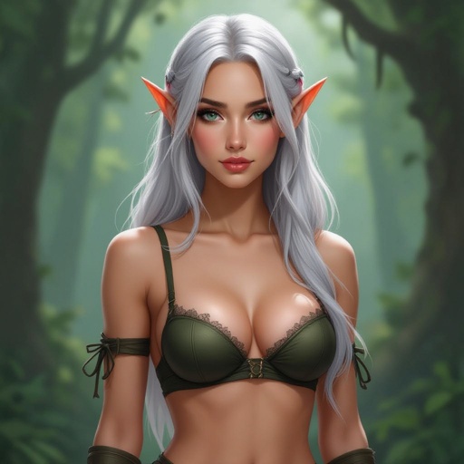 A silver haired female elf in a bra