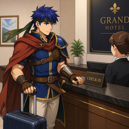 ike from super smash bros, carrying a suitcase, checking into a hotel