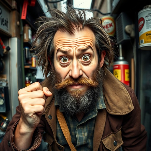 Create a funny looking paranoid man in the world, with a not so stylish outfit head to toe