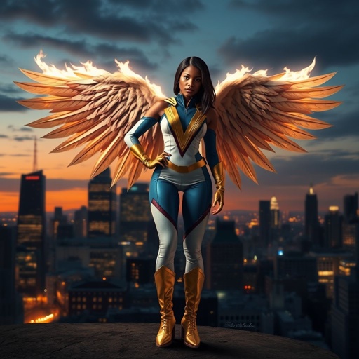 African American female superhero with shoulder length hair in a side part style and wings made of white fire  wearing a slightly homemade  white blue and gold suit with blue pants with a stylized V as her chest emblem wearing gold flat boots made of gold standing in Philadelphia at dusk
