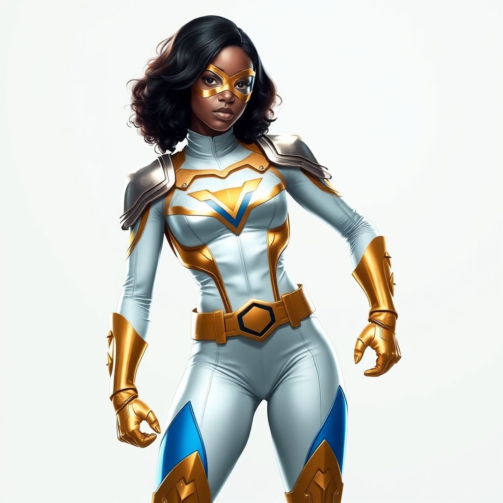 A teenage African American female with shoulder length curly hair  in a side part style superhero  wearing an armored MASK and a slightly armored white and gold suit with white pants and blue accents and a stylized V as her chest emblem a utility belt and gold boots