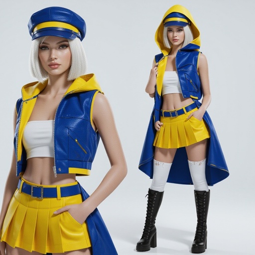 A stylish young woman with platinum blonde bob-cut hair, wearing a sleek indigo and yellow outfit inspired by futuristic street fashion. She wears a fitted indigo cap with a bold yellow band, a sleeveless indigo and yellow hooded vest left open to reveal a low-cut white tube top. Her yellow pleated mini skirt has indigo accents and a matching belt. She also wears white torn thigh-high leggings and tall black lace-up combat heel boots. The lighting is studio-bright with a clean background, emphasizing her confident pose and the sharp contrast of the outfit colors.