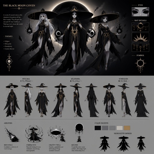 Female Villain with black moon abilities, black eyes, sun hat, floating, multiple of the same character