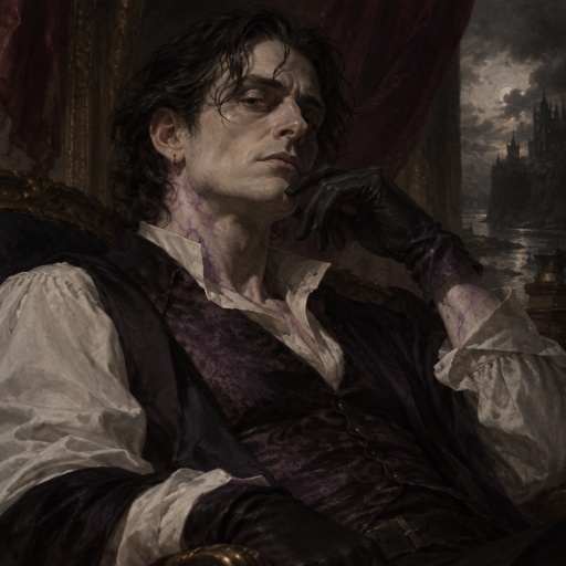 Male, slim, slight eye bags, black messy wavy hair, back hair, brushed side hair, strands of hair in the middle of forehead, ear piercing ring, gloves, purple glowing veins, purple vest, white shirt, no facial hair, bad guy, mid 40s