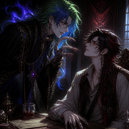 Man named venomous,tall, pale, green and blue long hair mysterious,serious . Anime white male, name Lloyd, hair messy long one loose braid, black hair with light red stripes, clean shaven,red eyes, long scary fingers spider fangs, glasses, cold, laugh mockingly, traumatized,was a unwillingly experiment many years before getting rescued, no memory of his past, has power of a spider, poisonous makes spider webs with his hands, can communicate and control spiders, on right arm a print says sub 389, doesn't remember anything from his past,very dangerous. Venomous and Lloyd are in a room across a table from each other Venomous is interrogating Lloyd trying to get him to talk about the experiment,Lloyd coldly says "the only answer I can give is that it was horrifying and painful"