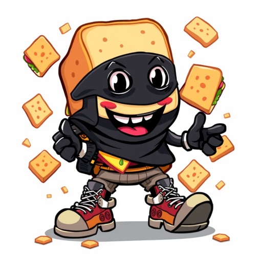 Create a funny looking clumsy sandwhich thief with funny shoes on. Make him have on the bandit black thing around his eyes 