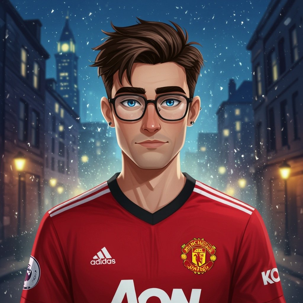 Mężczyzna o krótkich, ciemnobrązowych, włosach. bez zarostu.  niebieskie oczy. Ubrany w koszulkę piłkarską manchaster united. Duże okulary z szerokimi oprawkami.  Bez pierciengu. Podłużna twarz. Wysokie czoło, wąskie usta, Brwi opadające na końcach, wąskie oczy