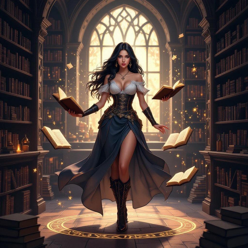 A semi-realistic, fantasy-parody portrait of Mythanna Junedae, the High Elf Wizard of Abjuration known as The Enigmatic Librarian. Scene & Lighting Set within the Eight Mages Academy library — tall rune-lit shelves and drifting motes of golden dust. Warm candlelight mixes with cool magical glow from abjuration sigils swirling faintly around her. The tone balances academic gravitas with theatrical flair — tongue-in-cheek fantasy parody realism. Appearance Mythanna stands in a confident, slightly playful pose, one hip cocked, surrounded by hovering spellbooks and glowing ward-circles. Her expression is both coy and calculating — the smile of someone who knows far more than she lets on. She has brunette wavy hair, luminous elven features, and expressive brown eyes that catch the light of the runes. Her ears are prominent and elegantly pointed. Her skin tone is soft fair ivory with a faint warm flush. Iconic Outfit (Hard-Locked) • White blouse with puffed sleeves and a black ribbon bow at the collar. • Black rune-stitched corset worn over the blouse, fitted and elegant. • High-waisted black-and-white polka-dot skirt, ending mid-thigh. • Dark thigh-high stockings leaving a bare-thigh gap visible. • Shin-high rune-stitched boots, practical yet fashionable. • A small pearl pendant rests at her throat — her arcane focus. • Hat of Wizardry, decorated with tiny polka-dot runes and a faint magical shimmer, sits jauntily atop her hair. Magic & Effects • Glowing golden abjuration sigils orbit around her hands and wrists. • Several floating tomes hover nearby, their pages turning of their own accord. • A soft halo of protective wards (circles and geometric lines of light) surrounds her body, subtly transparent. • Her Pearl of Power glows at her throat, pulsing in sync with the wards. • She holds her Wand of Magic Missiles, carved and polished, faintly glowing at the tip. Composition Full-body portrait framed from head to shins, 2:3 aspect. Candle-warm foreground light with cool sigil back-glow. Parody-fantasy realism style — equal parts glamorous and arcane.
