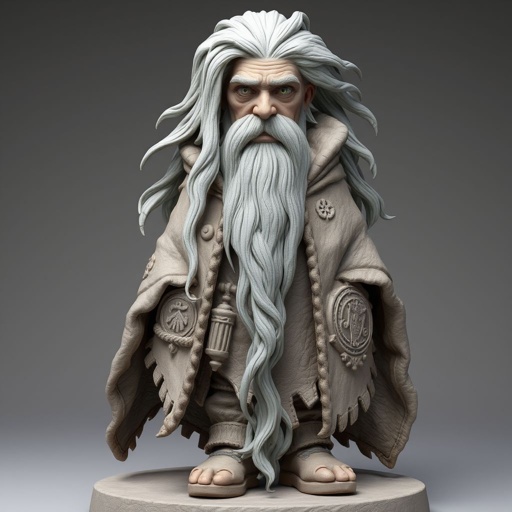 Create old aged silver eye character: The Silver-Eyed Wanderer – A tall, long beard hooded androgynous figure with hair that white. piercing silver eyes seem to see both past and present at once. a long, tattered cloak covered in stitched symbols from lands unknown. Show her whole body head to toe including her shoes.