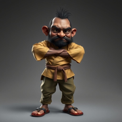 Create a funny looking African sensei. Show the whole character from head, body , legs , feet and make him serious.