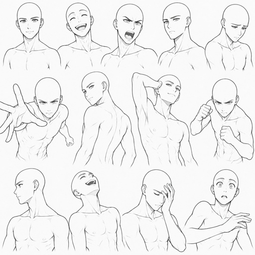 Different face expressions male thin half body drawing base, dynamic, bald, head face expressions