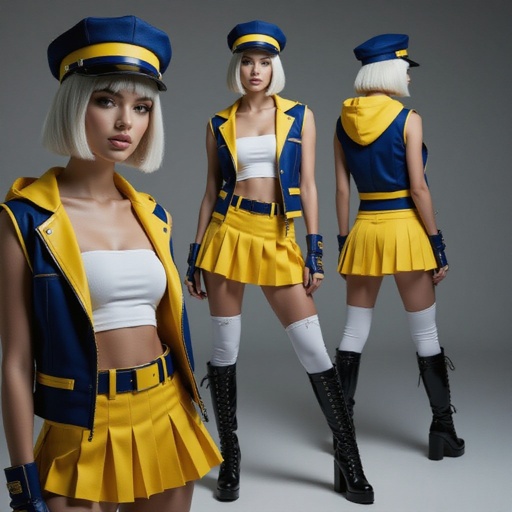 A stylish young woman with platinum blonde bob-cut hair, wearing a sleek indigo and yellow outfit inspired by futuristic street fashion. She wears a fitted indigo cap with a bold yellow band, a sleeveless indigo and yellow hooded vest left open to reveal a low-cut white tube top. Her yellow pleated mini skirt has indigo accents and a matching belt. She also wears white torn thigh-high leggings and tall black lace-up combat heel boots. The lighting is studio-bright with a clean background, emphasizing her confident pose and the sharp contrast of the outfit colors.