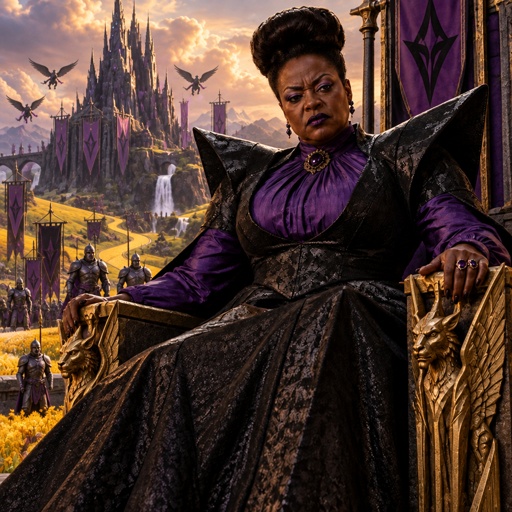 a woman sitting in a chair in front of a castle