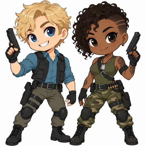 Male, short messy wavy blonde hair, brushed side hair, hair in middle of forehead, smiling, cyan shirt, plain flat bulletproof vest, fingerless gloves, knee pads, belt with gun, Female, African American, curly half shaved short hair, green tank top, camo pants, belt with bullets, fingerless gloves, dog tags, belt across chest, arm strap, tattoos, gun, on a secret mission