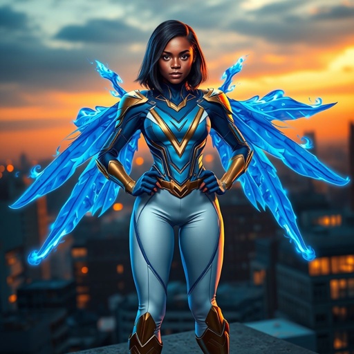 A young African American female superhero with shoulder length hair in a side part style wearing a blue and white suit made of spandex like material that’s slightly armored with gold accents with white pants and gold boots with a stylized V as her chest emblem with wings made of blue fire standing on a roof in a Philadelphia at dawn