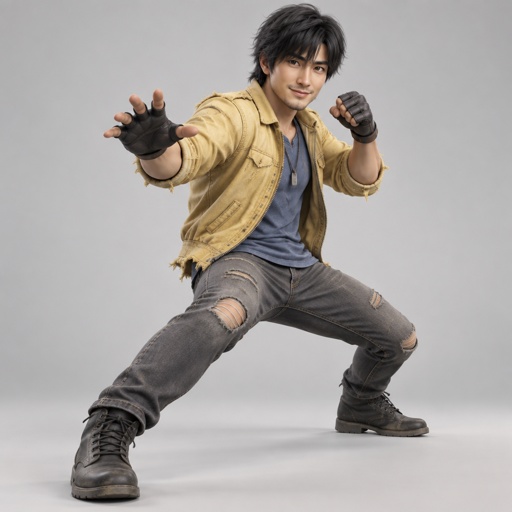 Male, Asian, black messy neck length hair, bangs, hair covering ears, light stubble, smile, yellow frayed jacket, grey ripped jeans, blue shirt, gloves, Martial arts