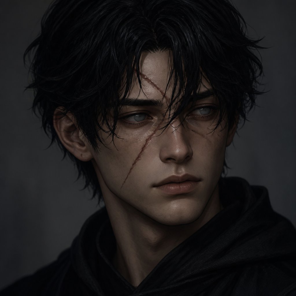 Make and Generate Me a Character With Black Hair and Gray eyes who is a Human 18 year old Male Named Ero Who is Blind with a Scar on his face from his left to right cheek and over his nose