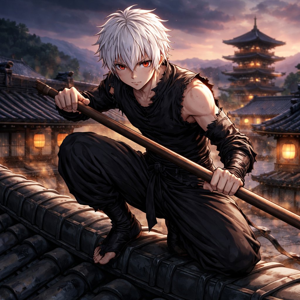 16, male, white hair, red eyes, wearing ragged black clothes with a tight top and baggy bottoms, crouched on a Japanese rooftop in the 1600s, with a quaterstaff