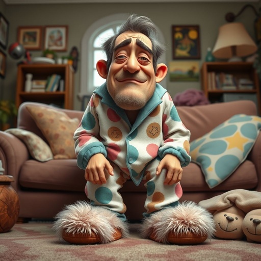 Create a adult humor character who is lazy as heck. And you could tell from his face and his entire outfit. Make is funny and the style of the graphic photographic 
