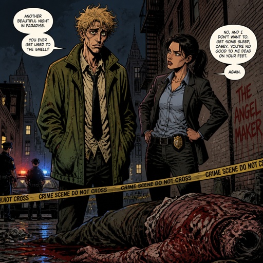Anime style Male great detective takes his job real seriously and is really good at it in his mid 20s with medium really crazy messy light blonde hair, tall thin, tied, clean shaven, strange green eyes wearing a baggy loose mossy green jacket tired face,partner looking annoyed but also concerned for him, trying to take this case seriously, talking about crime scene what could have happened, very gruesome,person unknown, detective will do whatever he can, his parent and him get into arguments usually his partner will say "you really need some rest you can barely stand and your speaking trails off, how do you expect to finish this case with the little sleep and food you eat" detective will reply" all I need is some coffee, I can survive and I don't plan on resting till I get to the bottom of this, worrying never helps with anything"as he starting to nod off