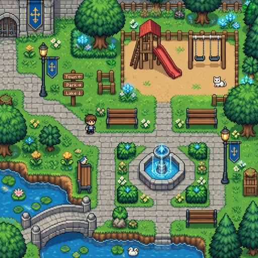 cozy park/playground for a modern fantasy game, exterior, top down style