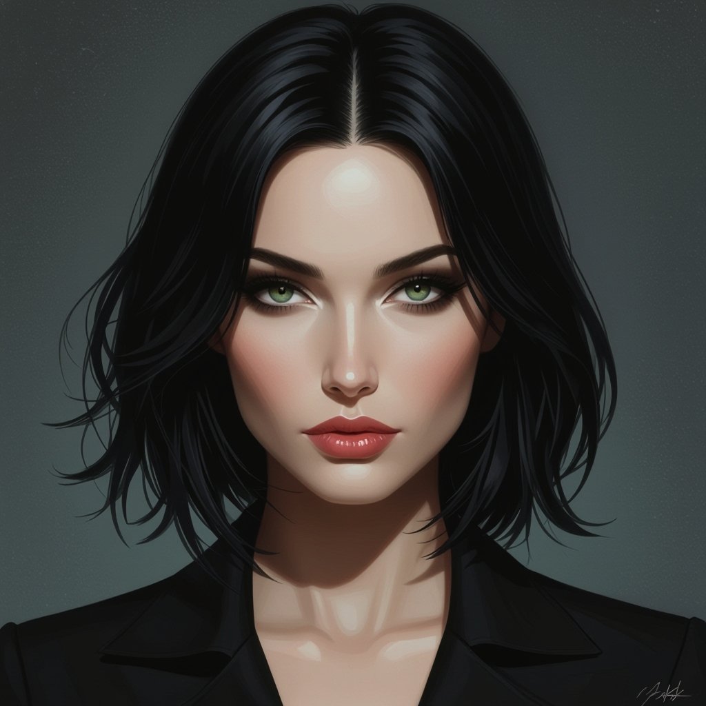 Show character head to toe. Create a mid age mysterious woman jet-black hair is cut sharpand her eyes seem to pierce through darkness. A shadowy aura clings to her form,