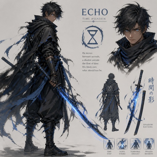 male assassin name echo, time power, light blue eyes, blue shadow katana