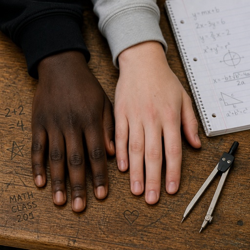 A black hand and a white hand on a math desk