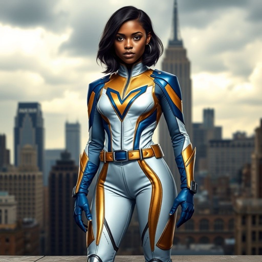 A teenage African American female superhero with hair in a shoulder length side part style wearing a mask wearing a partially leather white and Gold suit with blue accents and a stylized V as her chest emblem a utility belt and silver boots standing in Philadelphia during a cloudy day