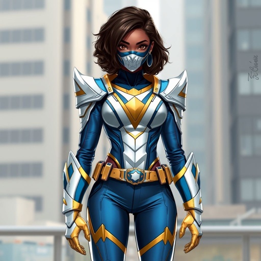 A teenage African American female with shoulder length curly hair  in a side part style superhero  wearing a  DOMINO MASK and a professionally made slightly armored white and blue suit with blue pants gold accents and a stylized V as her chest emblem a utility belt and gold boots