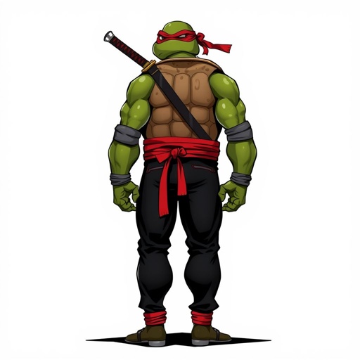 Tall powerful turtle ninja, with many battle scars, a long katana strapped to his shell, black pants with a red belt