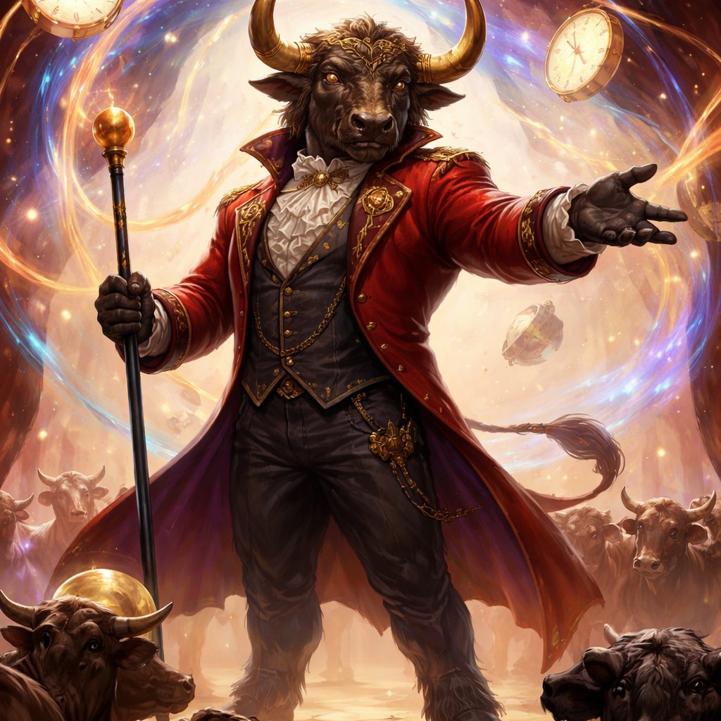 A medium brown Steppe bull Minotaur with a well~proportioned figure that works at freak show as ringmaster. That has gifts/abilities like Reality Rejection, Time Manipulation (Chronokineses), Zoolingualism (Language of Cattle only), Human Speech.
