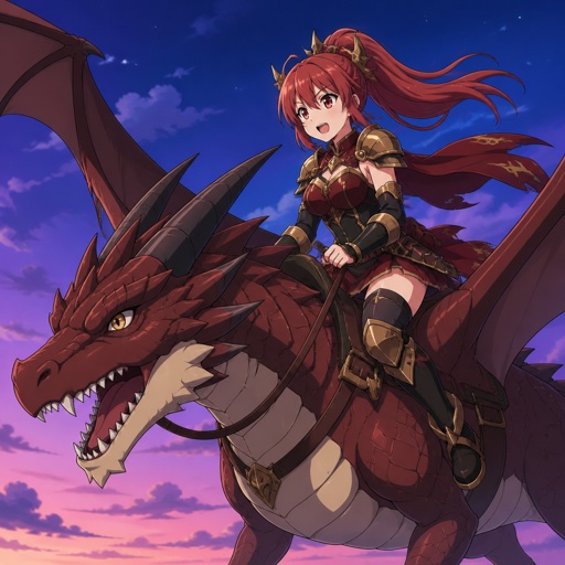 Eine Drachenkriegerin auf einem Drachen Der Himmel ist dunkelblau und hell lila.