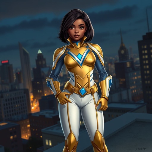 A young African American female superhero with shoulder length hair in a side part style wearing a slightly armored gold and white suit with blue accents with white pants and gold boots with a stylized V as her chest emblem standing ona roof in a Philadelphia at night