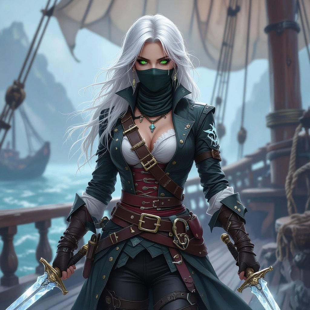 Pirate captain female 5’7 tall platinum hair almost white bright green eyes human keeps face covered 130 lbs Ghost form tattoo on right arm two wielding crystal rapier blades rouge pirate captain