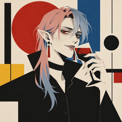 Male, pale, vampire, thin, light blue eyes, cheekbones, medium length brushed smooth hair, all back hair over right shoulder, bangs, pinkish purple and light blue hair gradient, tassel earrings, jewelry, black button up shirt with upturned collar, choker, smirk, eye bags, pointy ears, drinking red liquid from wine glass