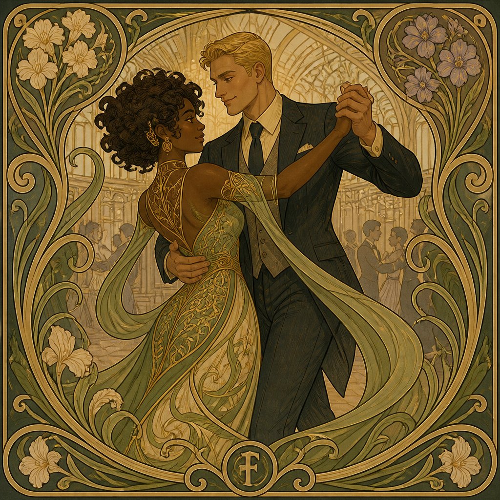 Jonesy and Slone from Fortnite in a ball room Jonesy wearing a suit and Slone wearing a dress while they dance together