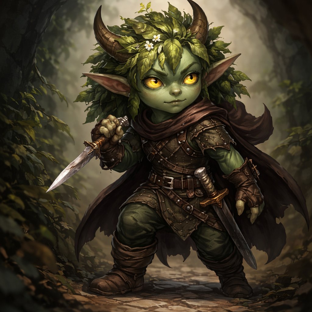 Teafling rogue wielding a dagger and a short sword