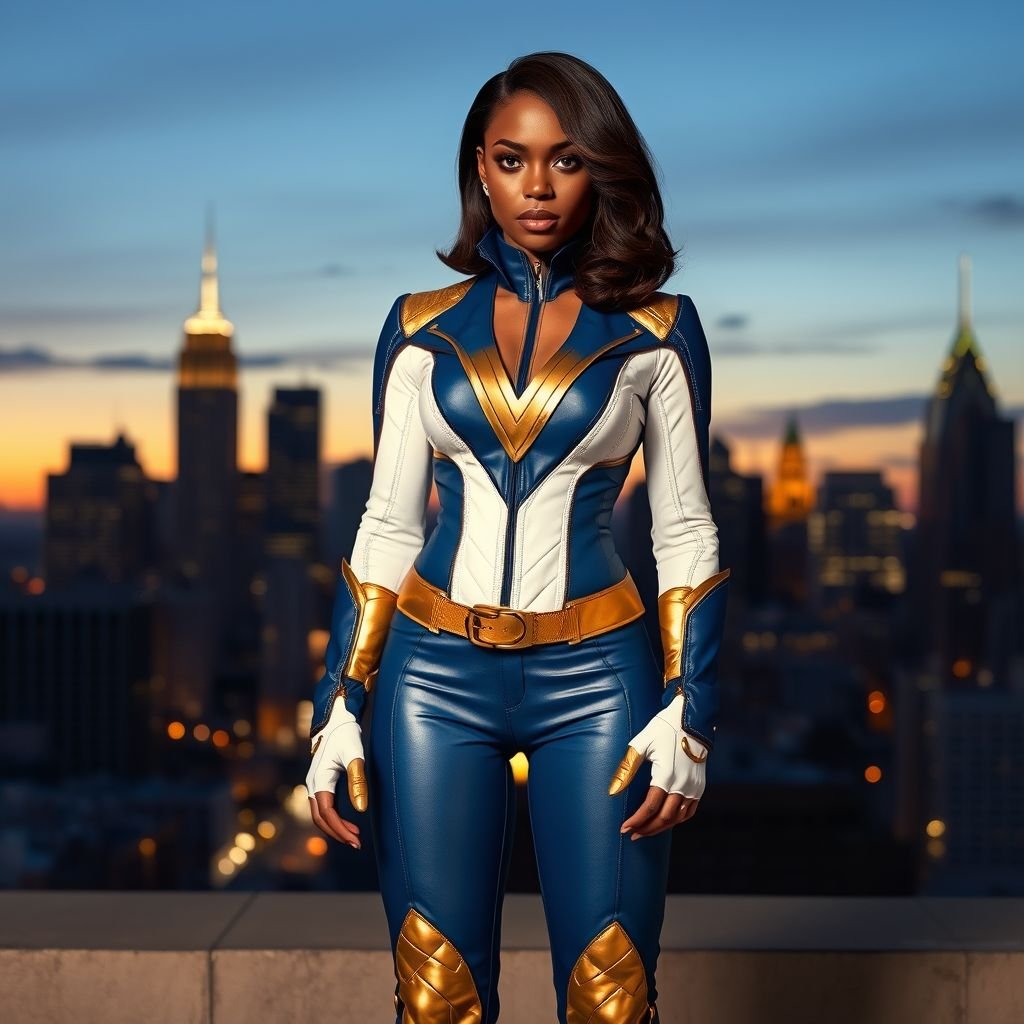 African American female superhero with shoulder length hair in a side part style and  wearing a homemade leather white and blue suit with gold accents and blue pants with a stylized V as her chest emblem wearing gold flat boots  made of gold fire standing in Philadelphia at dusk