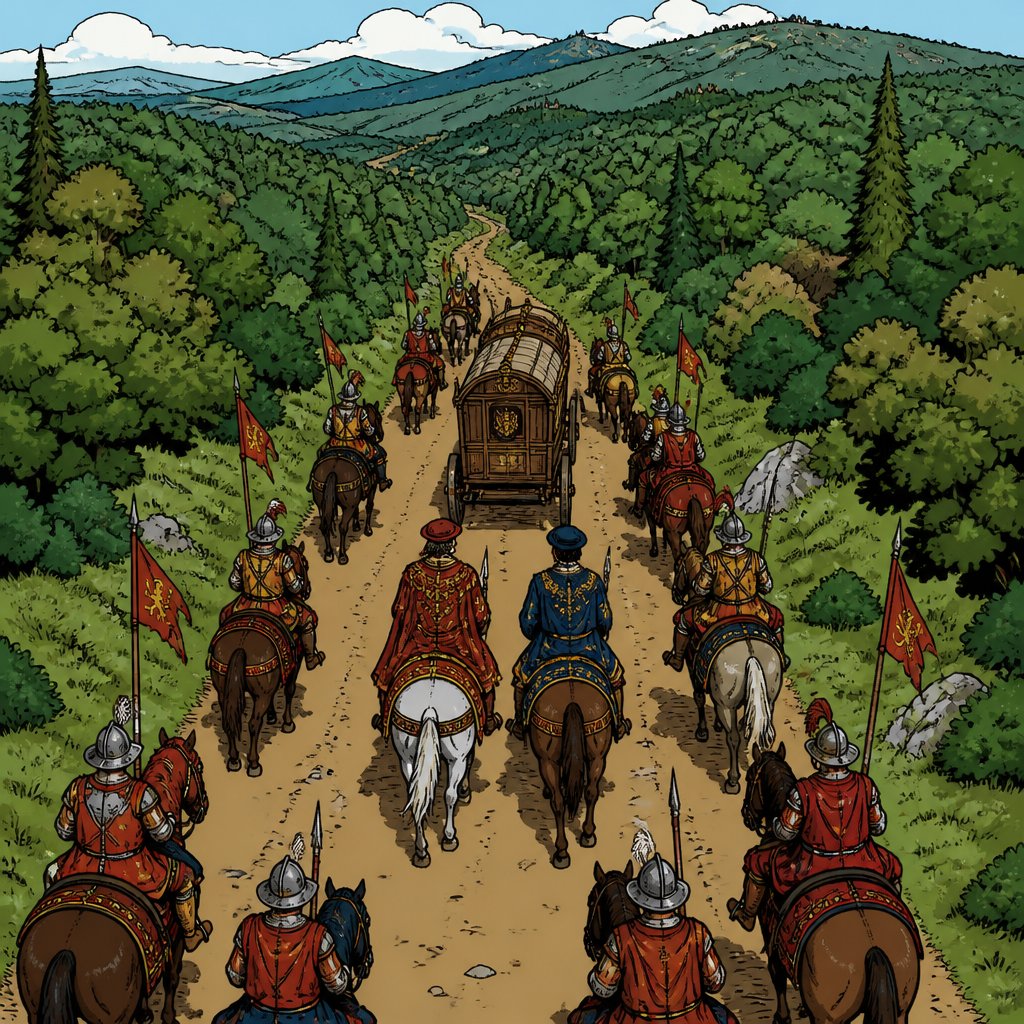 High above the scene from rear . Drone long shot two men on horses dressed and very ornate renaissance robes lead along waggon several troops on horseback surround the wagon. The countryside is hilly forest very dense forest no caricature no speech bubbles intense colours no print dots.