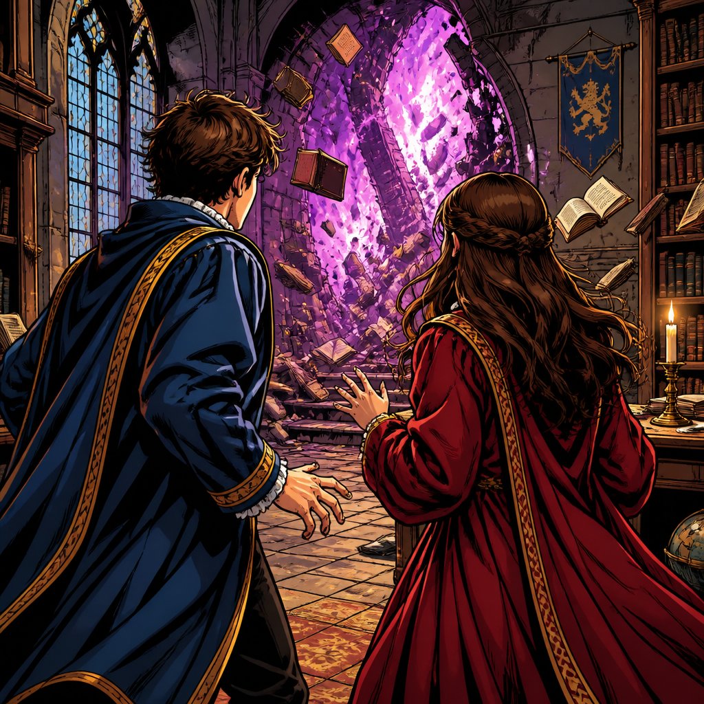 No speech bubbles, vivid colours three-quarter rear view of a couple of male and female students in their mid 20s dressed in renaissance robes with shocked expressions no speech bubbles, highly realistic we do not see their faces