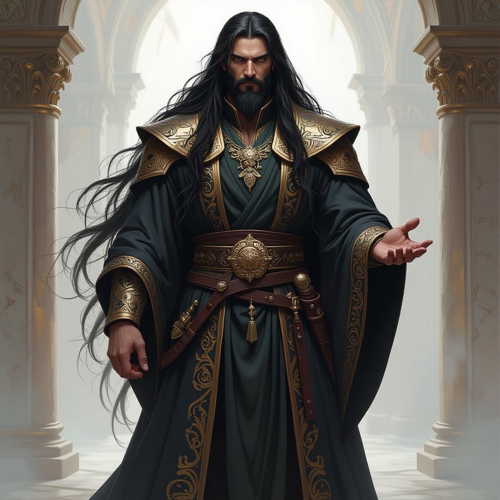 Giant Stoic Man strongly built with black hair in nobles clothing from the Middle Ages bureaucrat