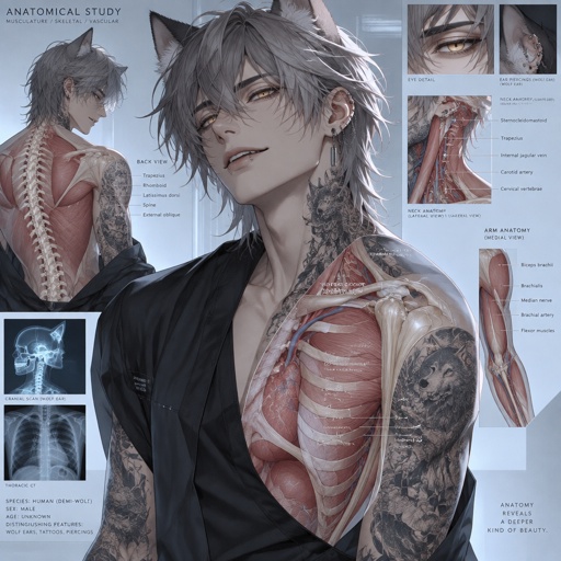 Male,he only has wolf ears he does not have human ears no human ears just wolf ears,gray hair with white tips hair that goes done to neck hair set a little bit on face slightly messy,yellow eyes,strong,lip and ear piercings,tattoos on neck and arms,a smile that could steal the ladies,with a smug and chill attitude,can be scary but is usually very nice 
